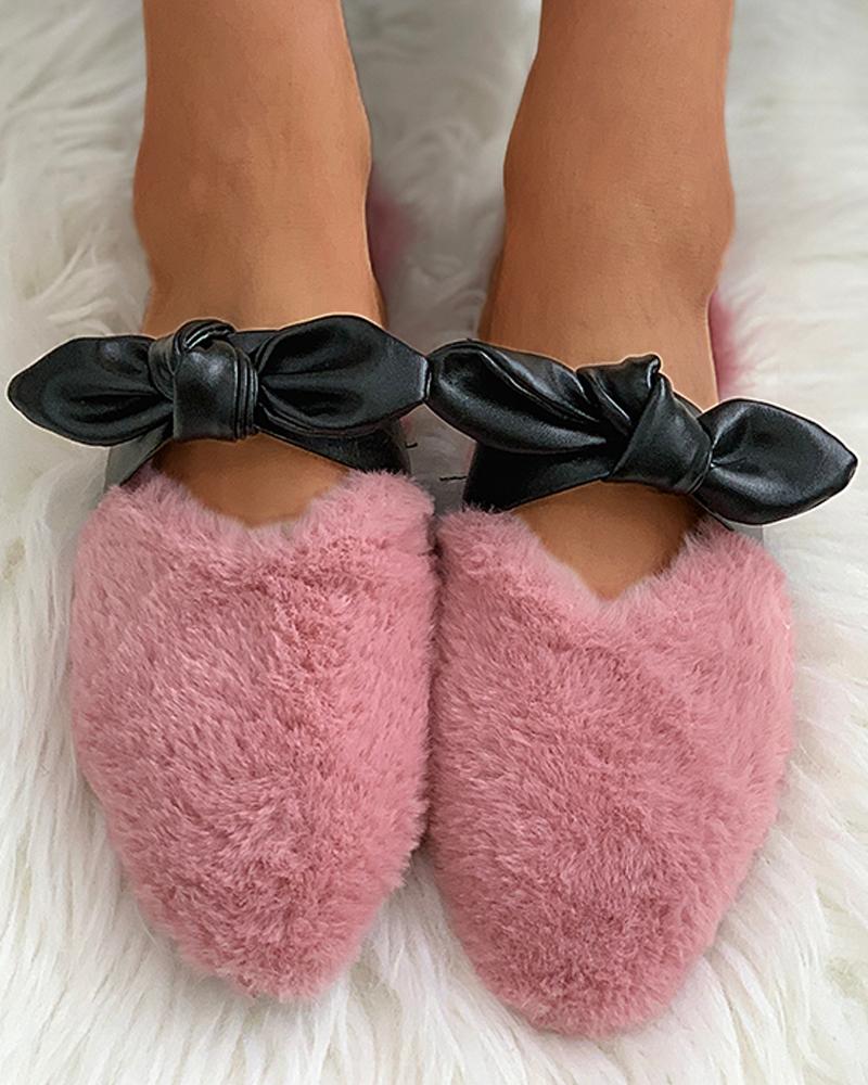 

Pointed Toe Bowknot Fluffy Slippers, Pink