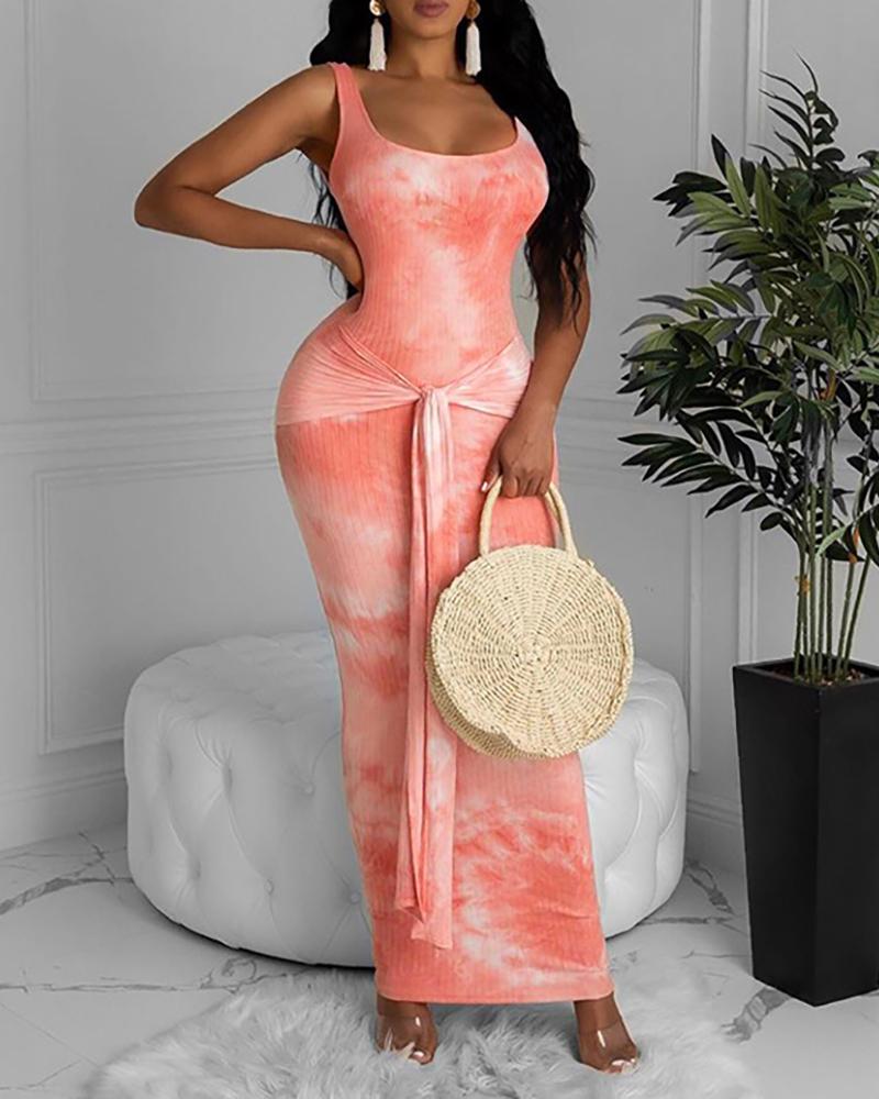 

Thin Strap Tie Dye Print Ribbed Knotted Maxi Dress, Pink