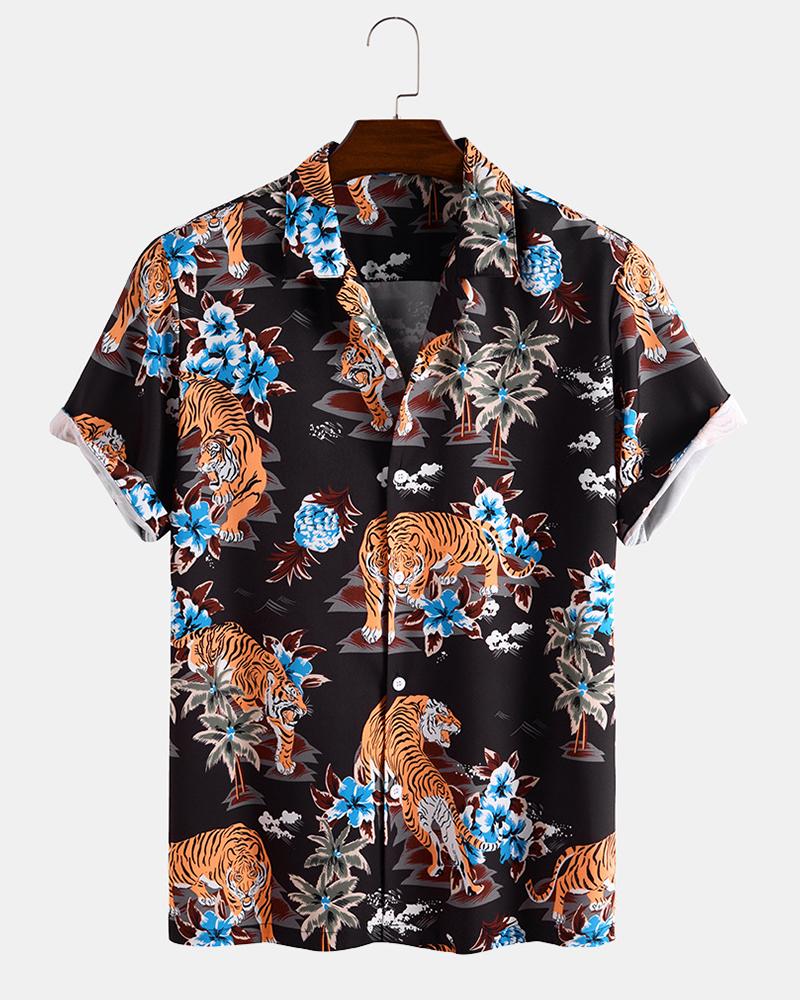 

Tiger Print Short Sleeve Loose Shirts, Black