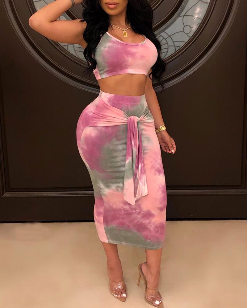 

Tie Dye Print Knot Front Midi Set, Pink