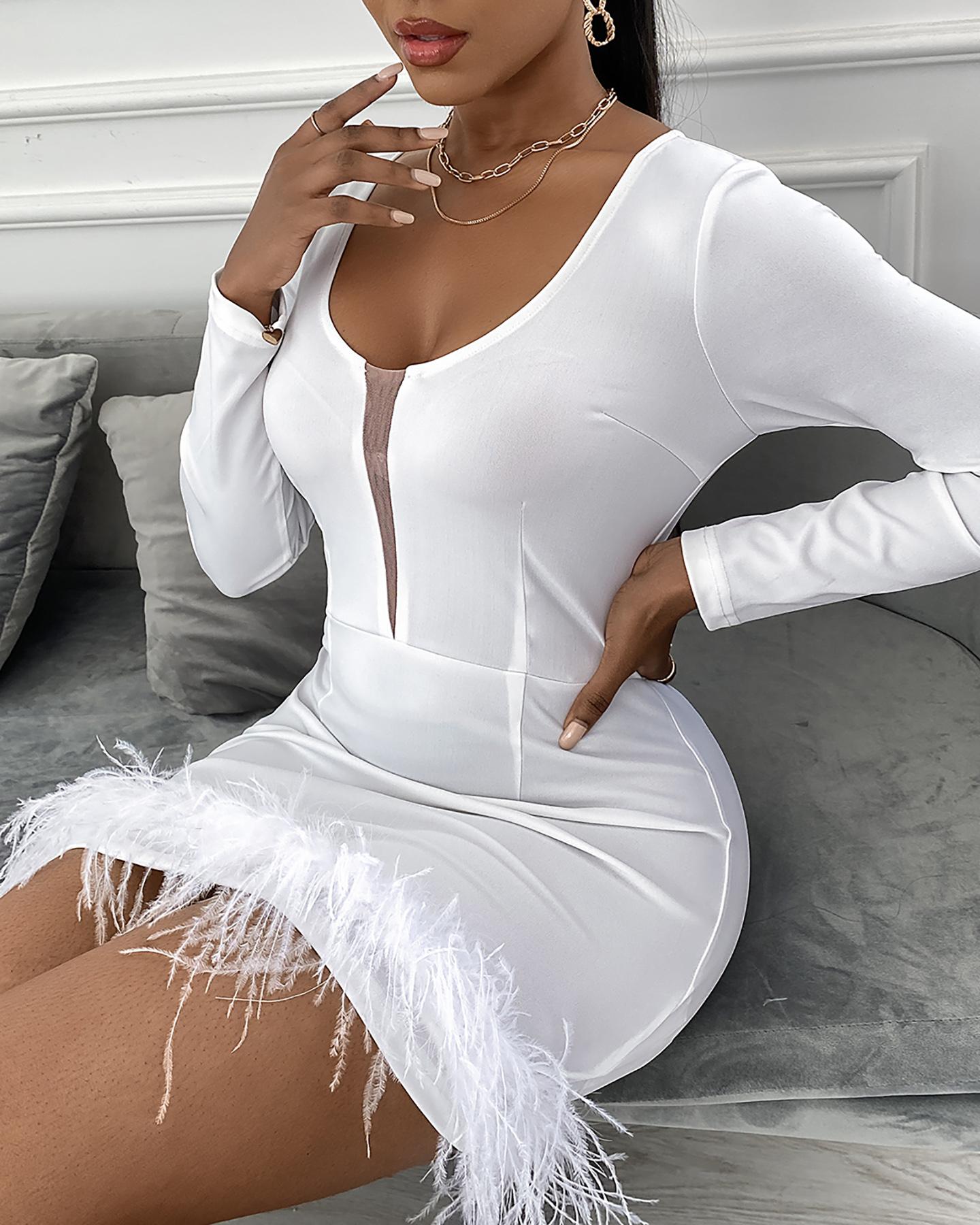 

Plain Feather Detail Long Sleeve Dress, White