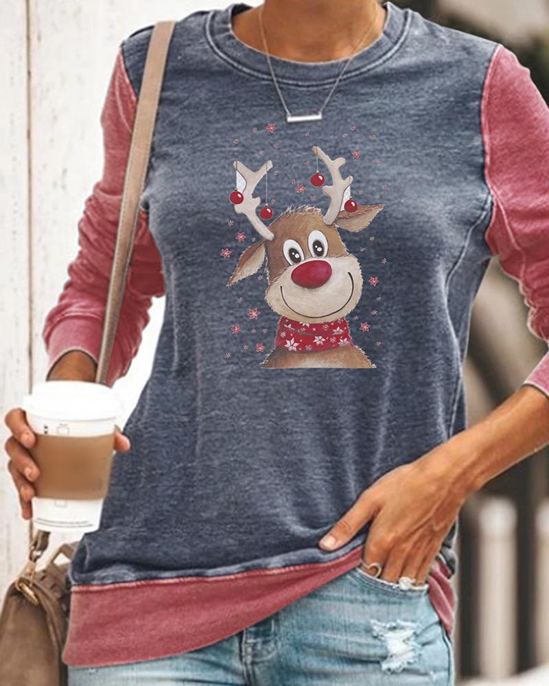 

Christmas Moose / Santa / Letter Print Casual Top, Blue