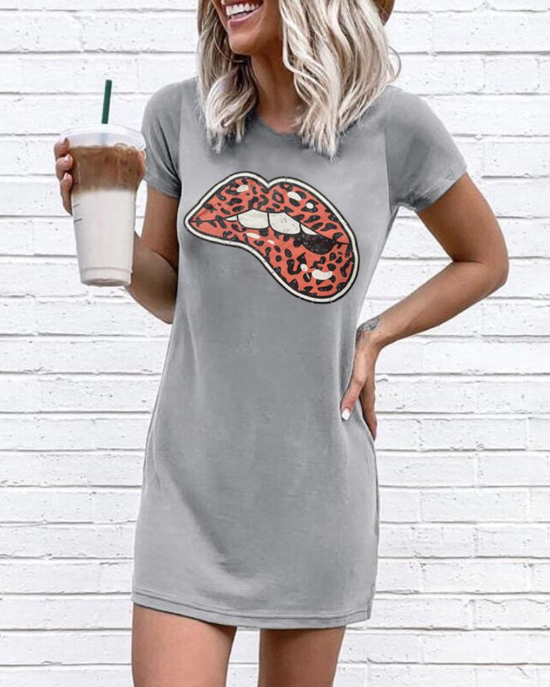 

Leopard Mouth T-Shirt Dress, Gray