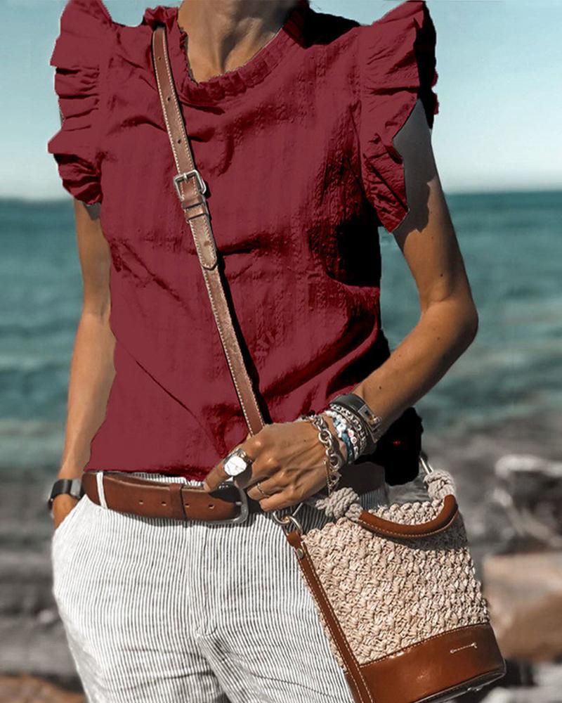 

Solid Ruffles Sleeveless Blouse Top, Wine red