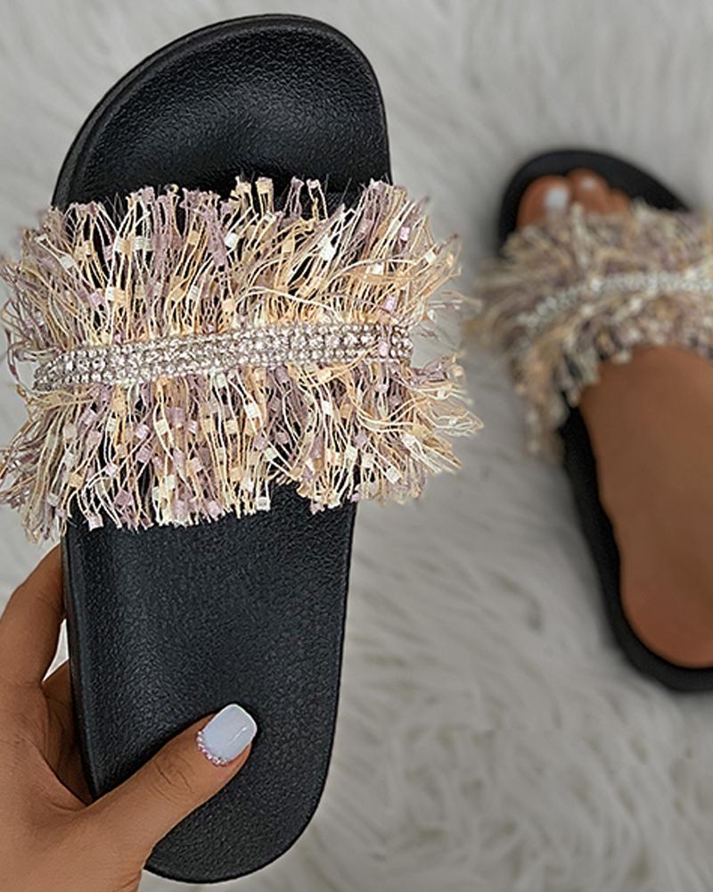 

Fringe Studded Open Toe Flat Sandals, Multicolor