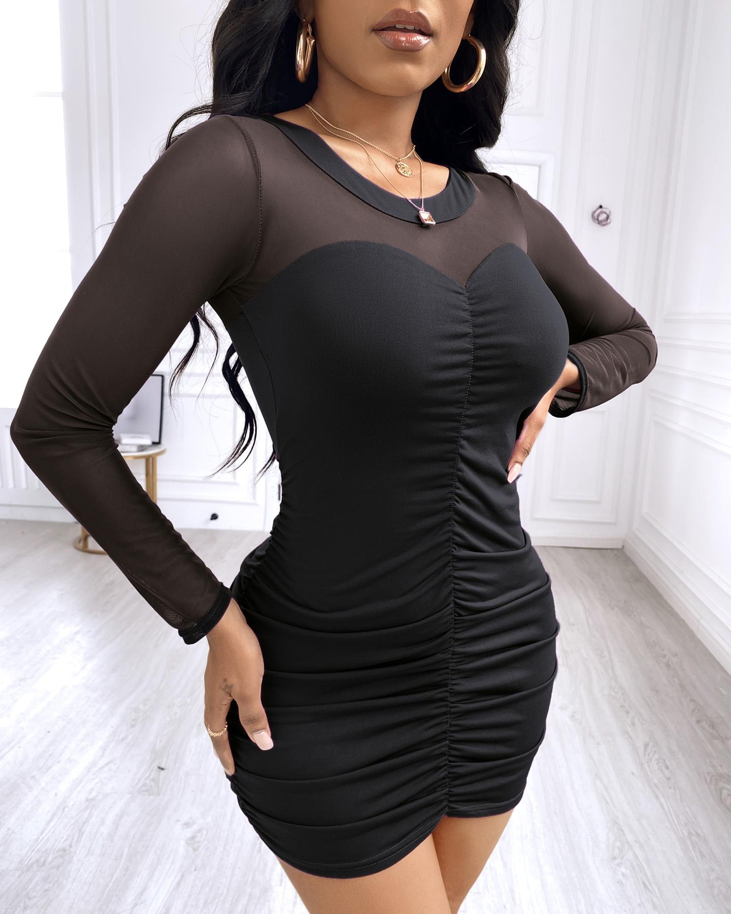 

Plain Long Sleeve Ruched Bodycon Women Dress, Black