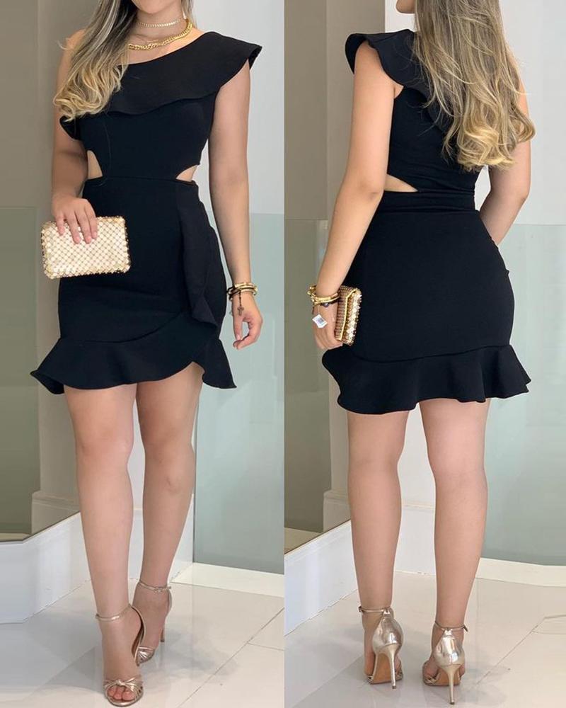 

One Shoulder Cutout Ruffle Hem Bodycon Dress, Black