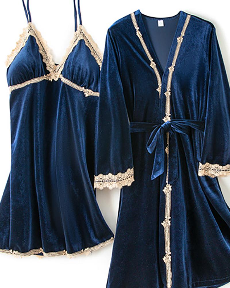 

Lace Trim Spaghetti Strap Nightgown & Robe Set, Dark blue