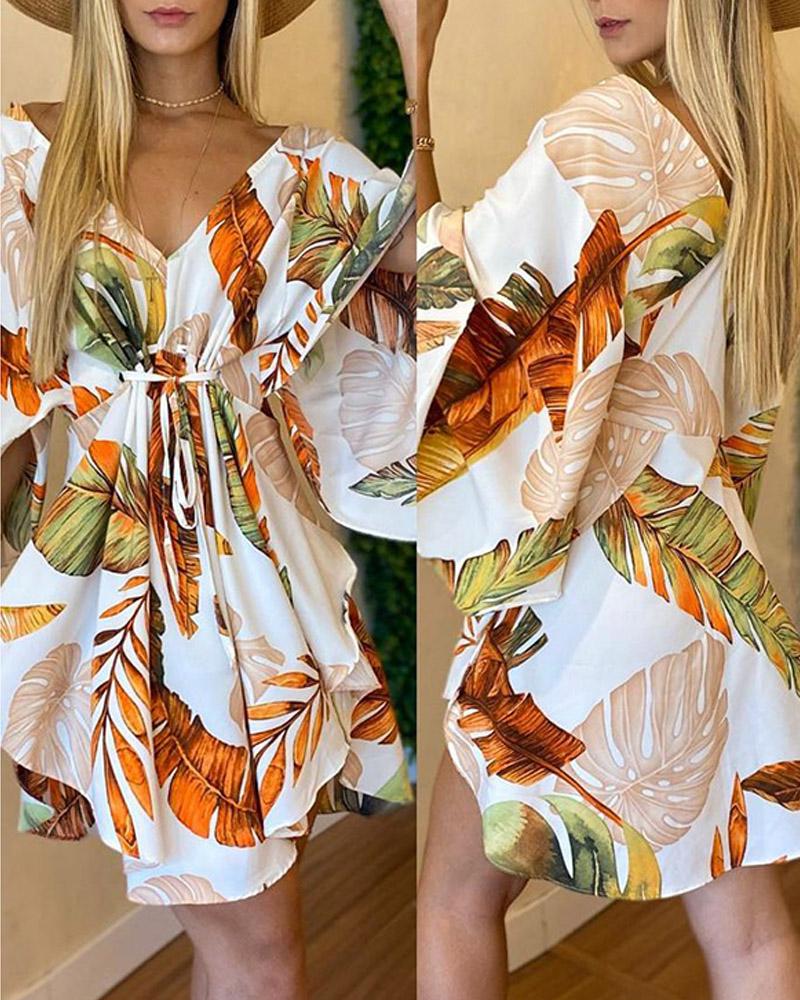

Tropical Print Tied Detail Ruffles Casual Dress, Beige
