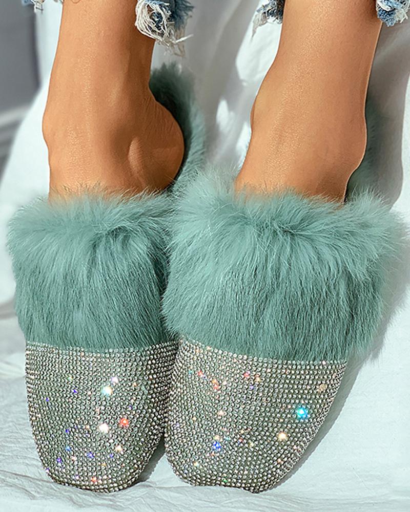 

Studded Square Toe Fluffy Slipper, Green