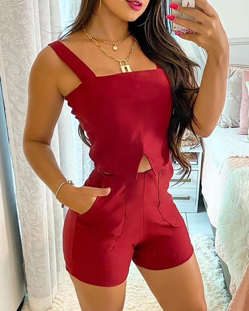 

Square Neck Slit Tank Top & Pocket Design Shorts Set, Wine red