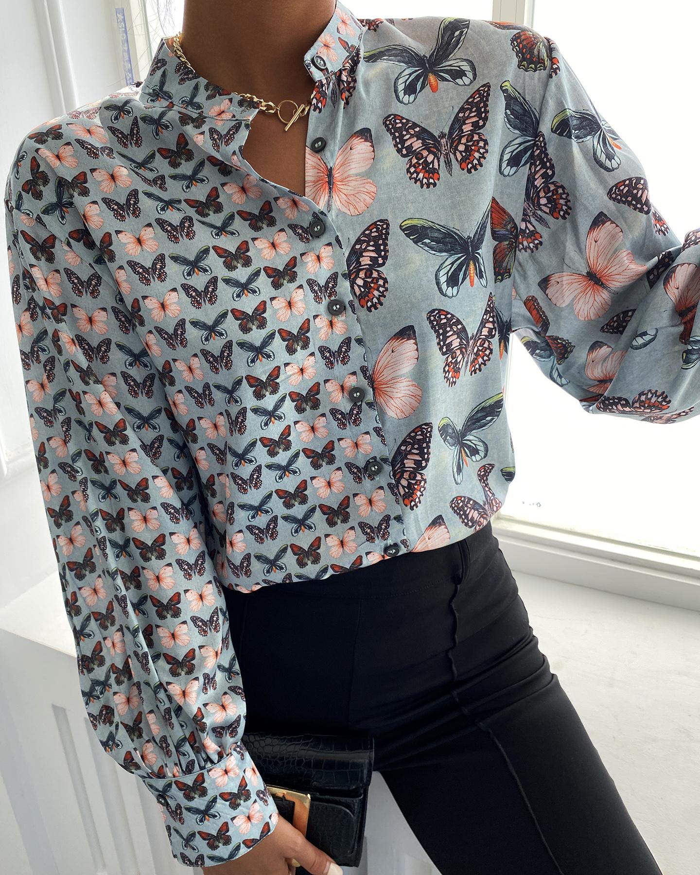 

Butterfly Print Long Sleeve Shirt, Multicolor