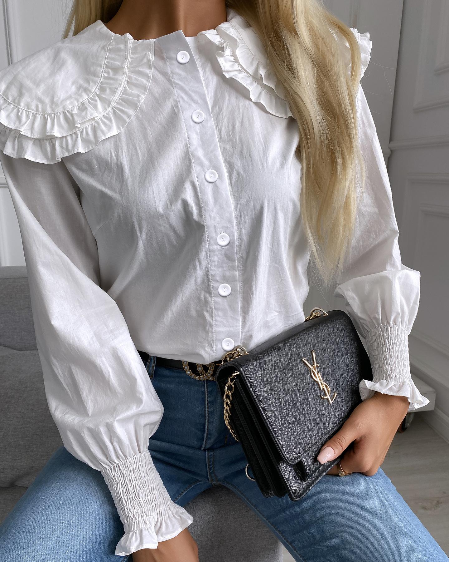 

Peter Pan Collar Ruffles Hem Long Sleeve Shirt, White