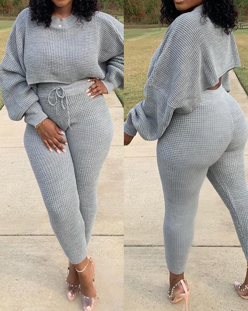 

Plus Size Batwing Sleeve Crop Top & Drawstring Pants Set, Gray