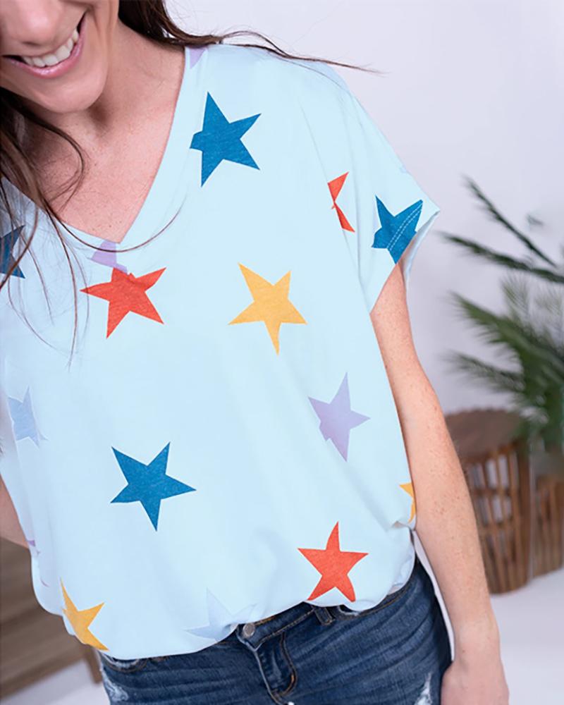 

V-neck Stars Print Short Sleeve T-shirt, Blue