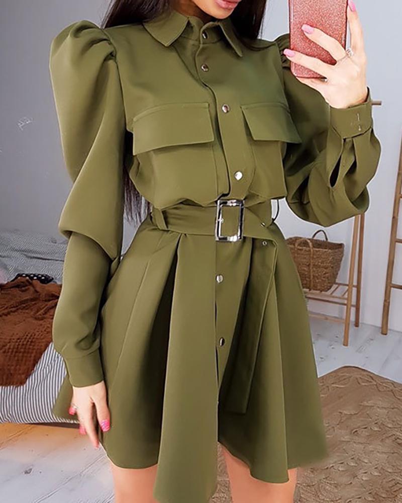 

Plain Puff Sleeve Button Design Dress With Belt, Green