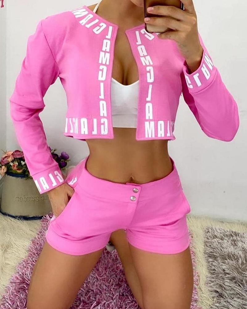 

Letter Print Crop Top & Buttoned Shorts Set, Pink