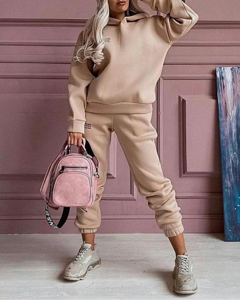 

Letter Print Long Sleeve Hooded Women Top & Pocket Design Pants Set, Khaki