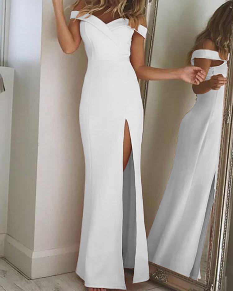 

Off Shoulder Thigh Slit Evening Dress, White
