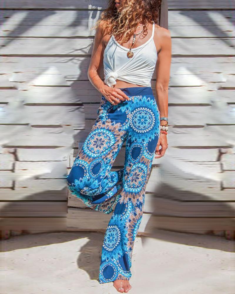 

High Waist Ethnic Print Casual Pants, Blue