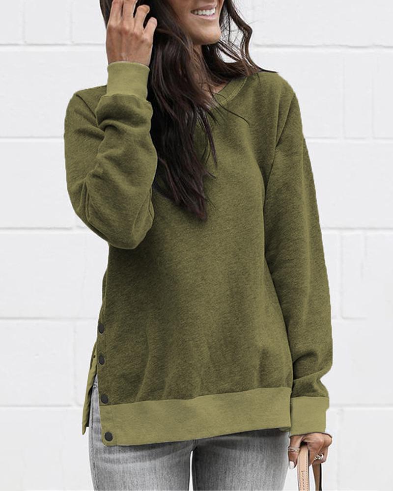 Button Slit Side Long Sleeve Sweatshirt Online. Discover hottest trend ...