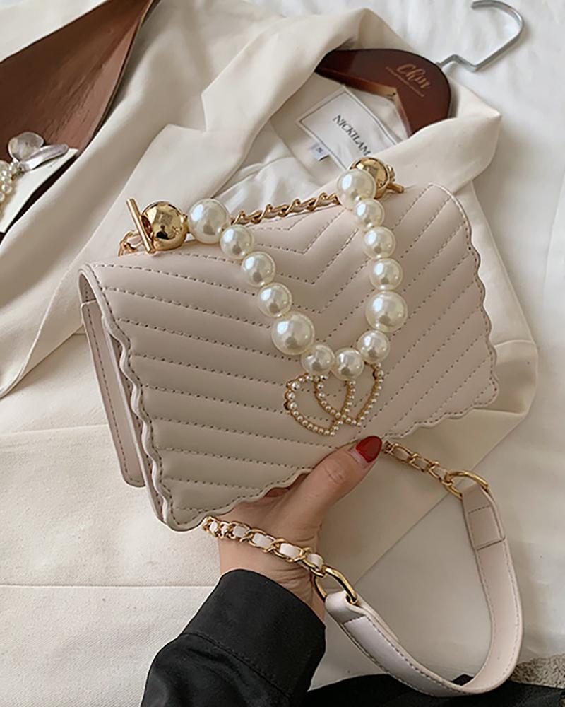 

Chevron Double Heart Beaded Chain Satchel Bag, White