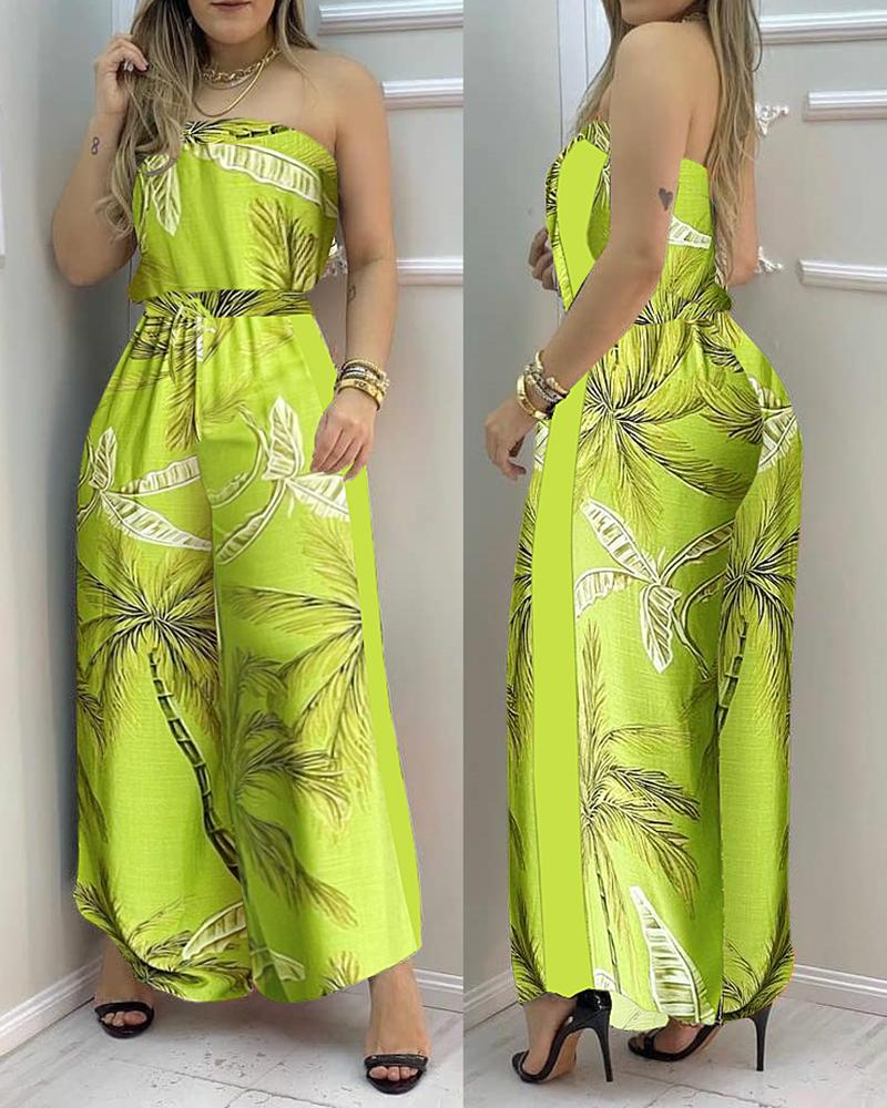 

Tropical Print Bandeau Wide Leg Jumpsuit, Green