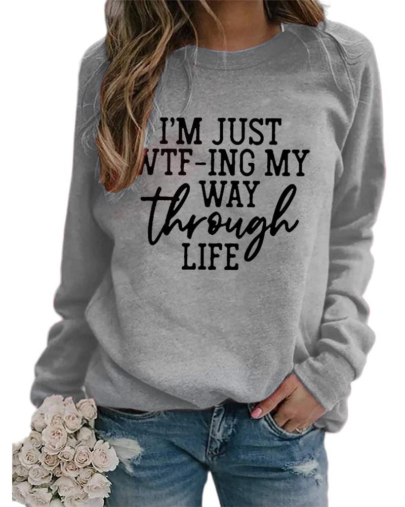 

Letter Print Round Neck Long Sleeve Sweatshirt, Gray