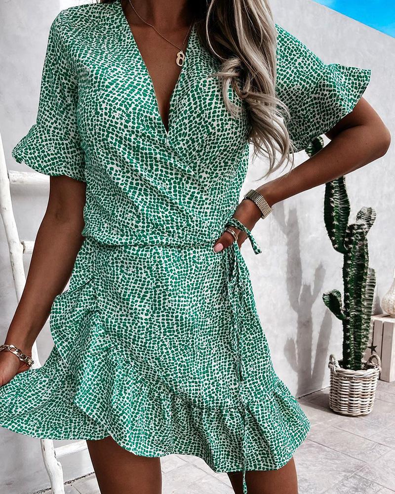 

Ruffles Tied Detail Dot Pattern Print Dress, Green