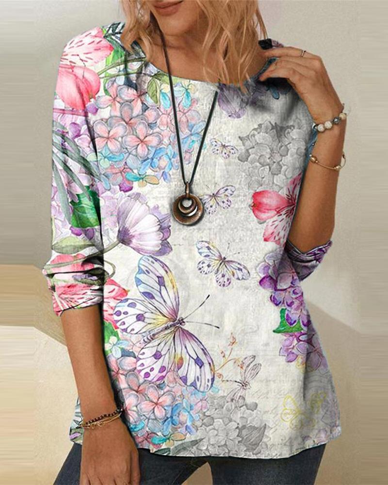 

Butterfly Floral Print Long Sleeve Casual Top, Pink