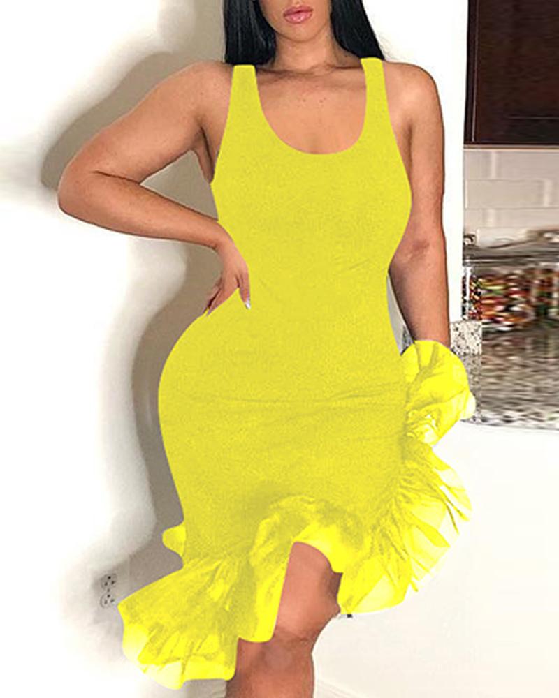 

U-Neck Irregular Mesh Hem Bodycon Dress, Yellow