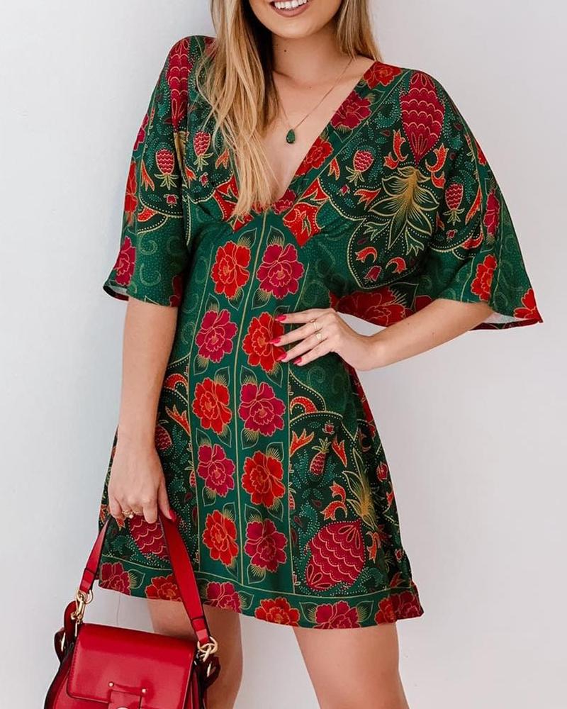 

Floral Print Half Sleeve Dress, Green