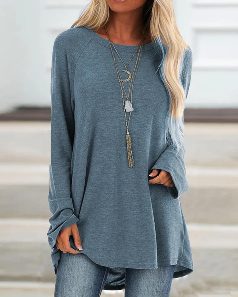 

Solid Loose Long Sleeve Casual Top, Blue