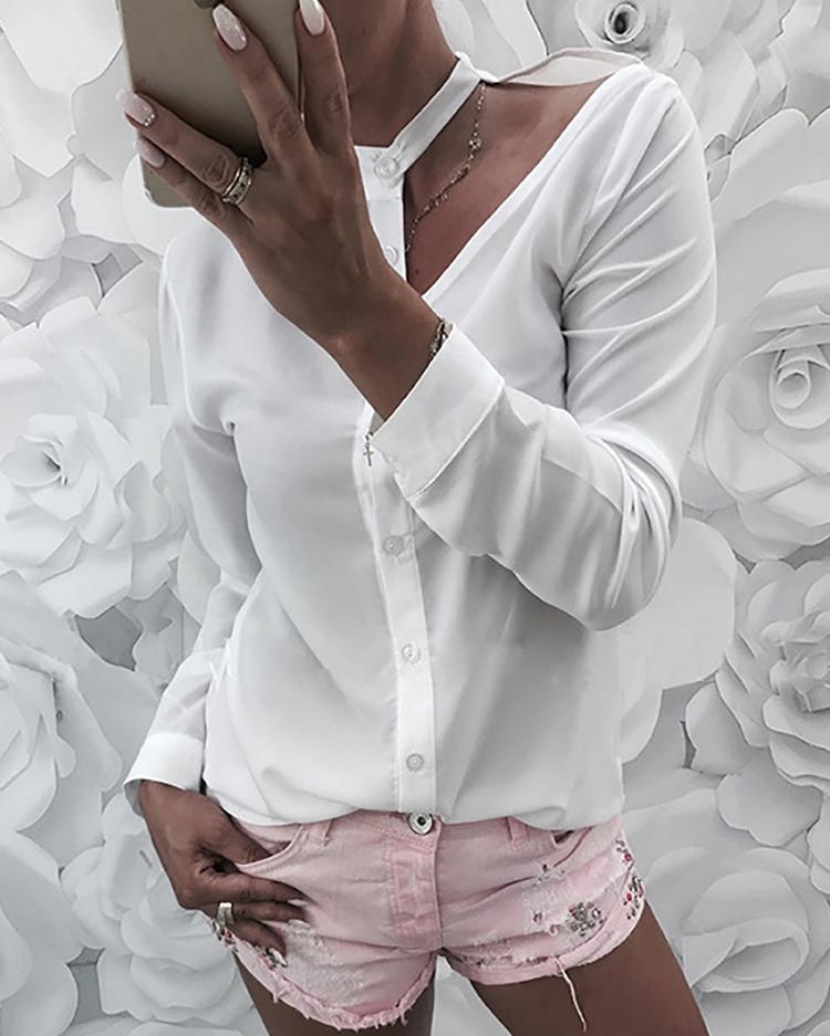 

Solid Button Up Cutout Shoulder Shirt, White