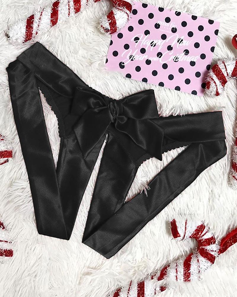 

Sexy Solid Color Lace-up Cut-out Thong Panties, Black