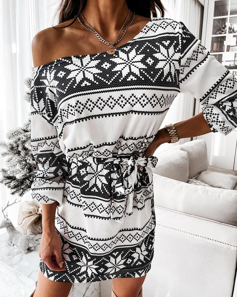 

Christmas Mixed Print Long Sleeve Casual Dress, White
