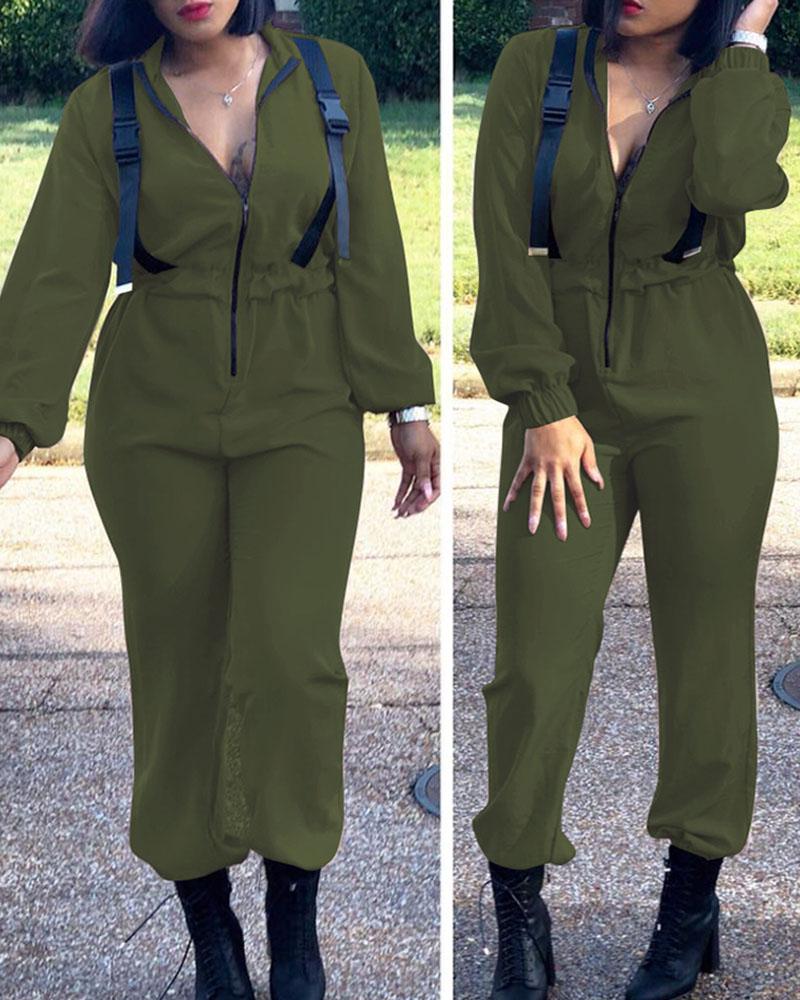

Zipper Design Plain Drawstring Jumpsuit, Army green