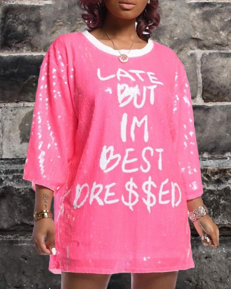 

Letter Pattern Sequins Loose T-shirt, Hot pink