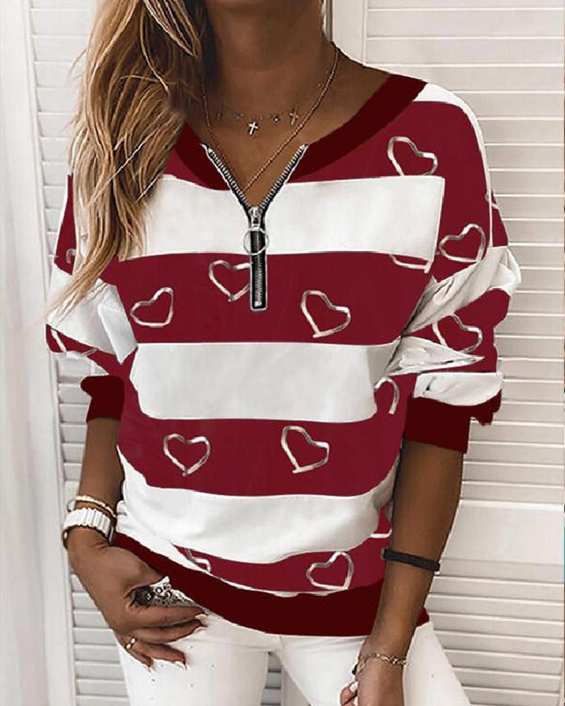 

Striped Heart Print Long Sleeve Sweatshirt, Red