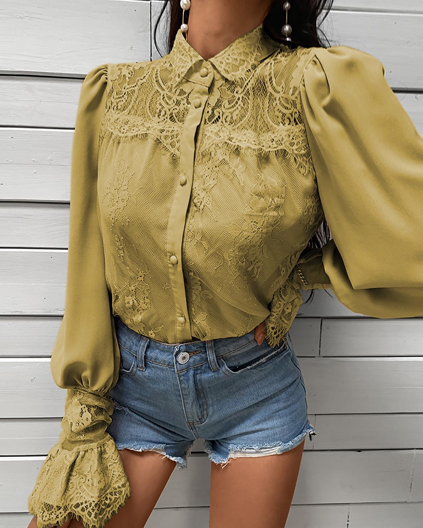 

Lace Patchwork Puff Sleeve Buttoned Women Blouse, Yellow
