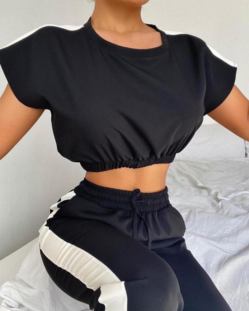 

Drawstring Crop T-shirt & Striped Colorblock Pants Set, Black