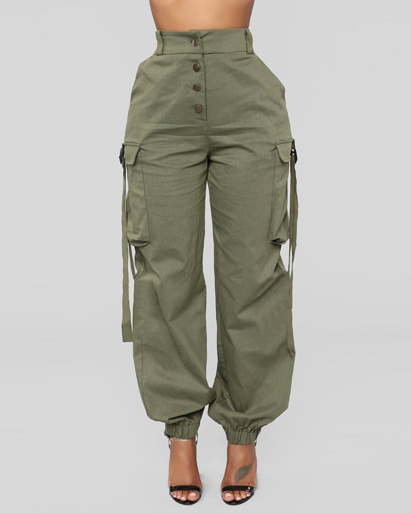 

Buttoned Pockets Design High Waist Cargo Pants, Green