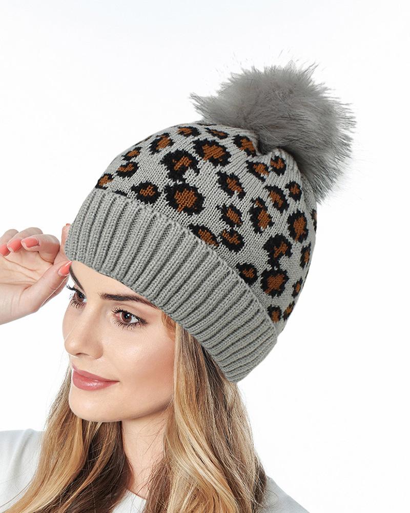 

Cheetah Print Pom Pom Decor Beanie, Gray