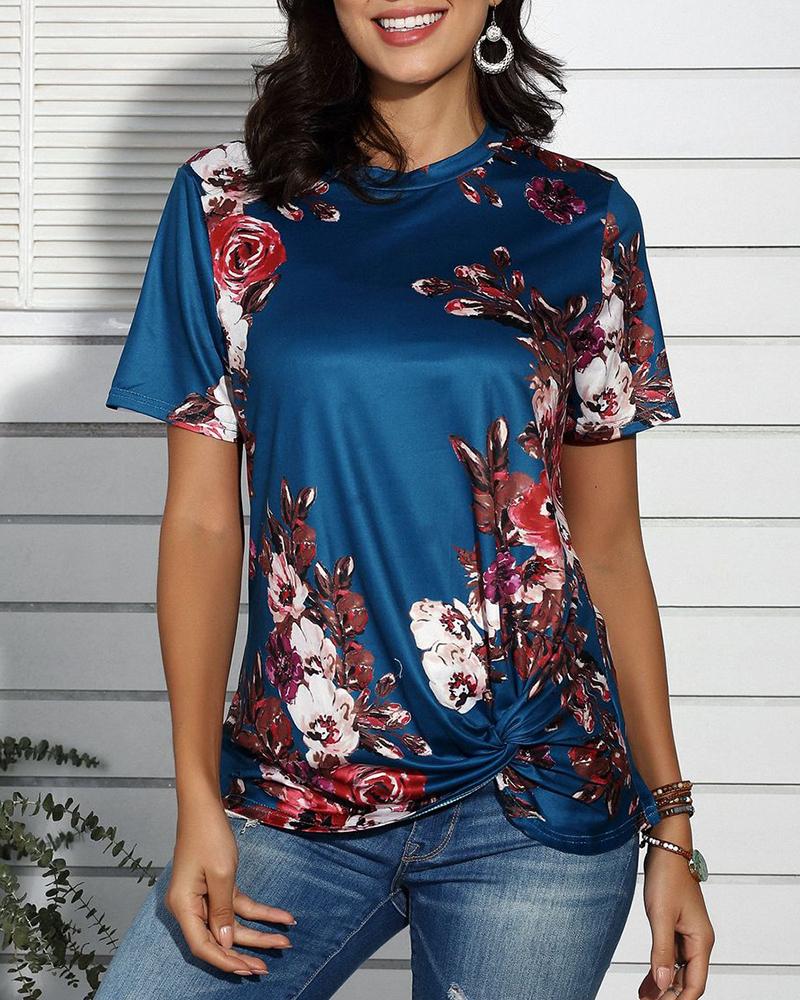 

Floral Print Twisted Short Sleeve Casual T-shirt, Dark blue