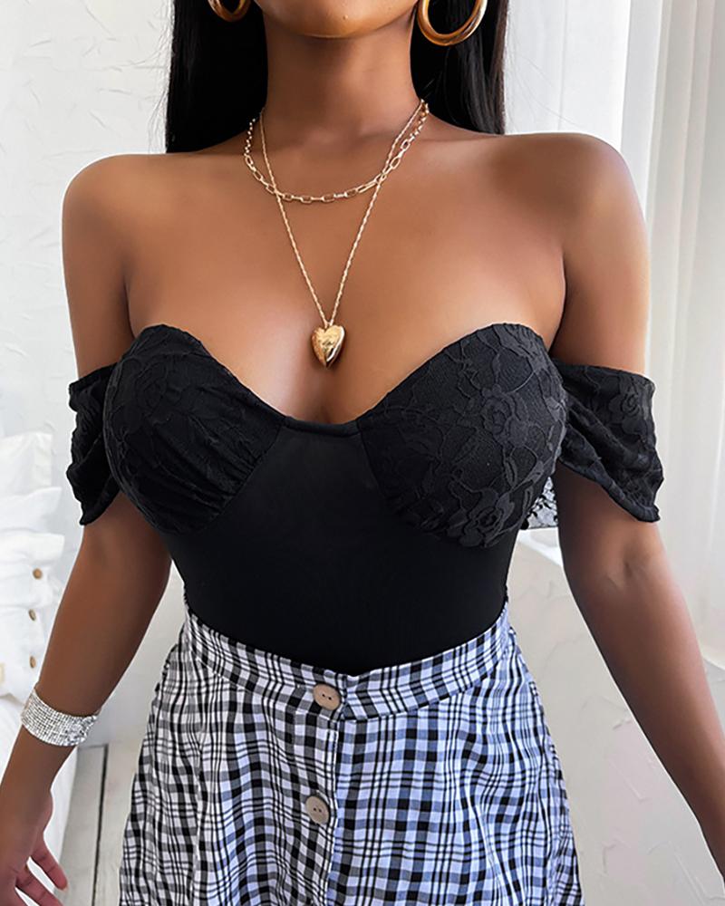 

Crochet Lace Off Shoulder Short Sleeve Bodysuit, Black