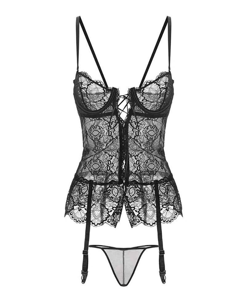 

Lace-up Spaghetti Strap Lace Garter Lingerie Set, Black