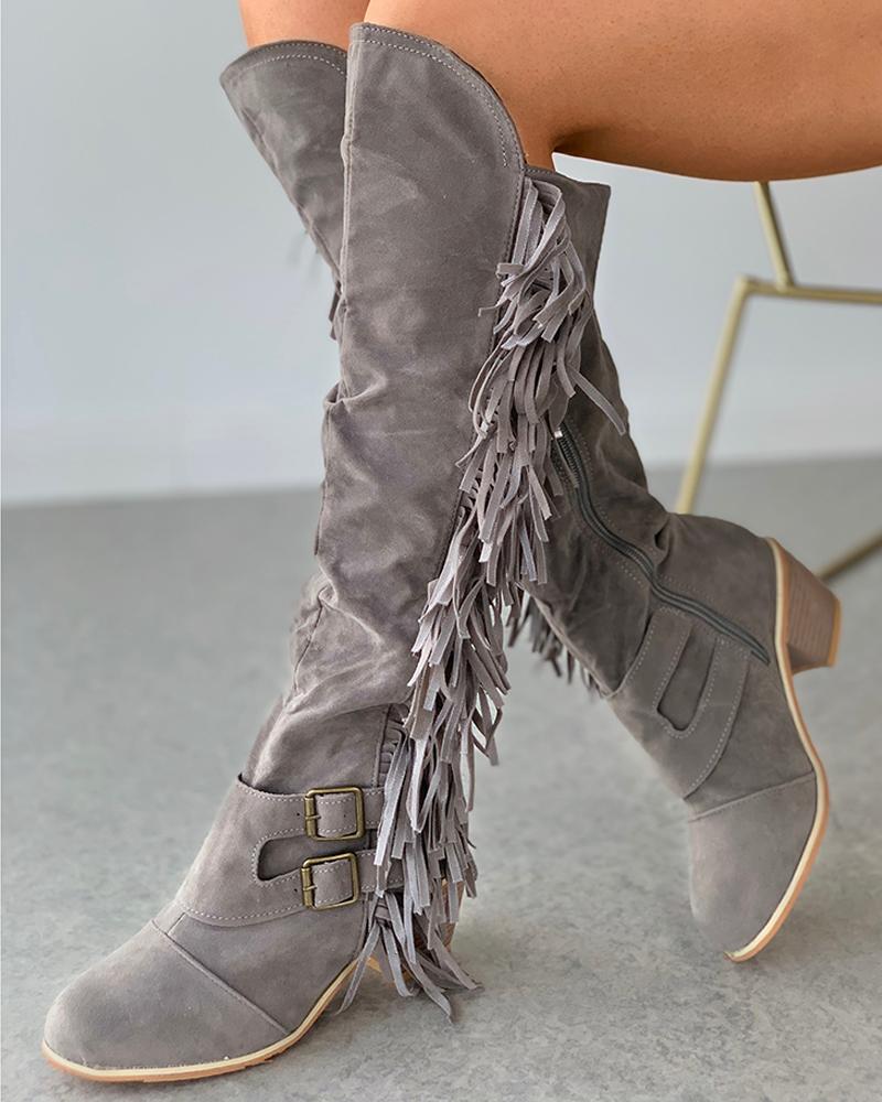 

Tassel Design Buckle Chunky Boots, Gray