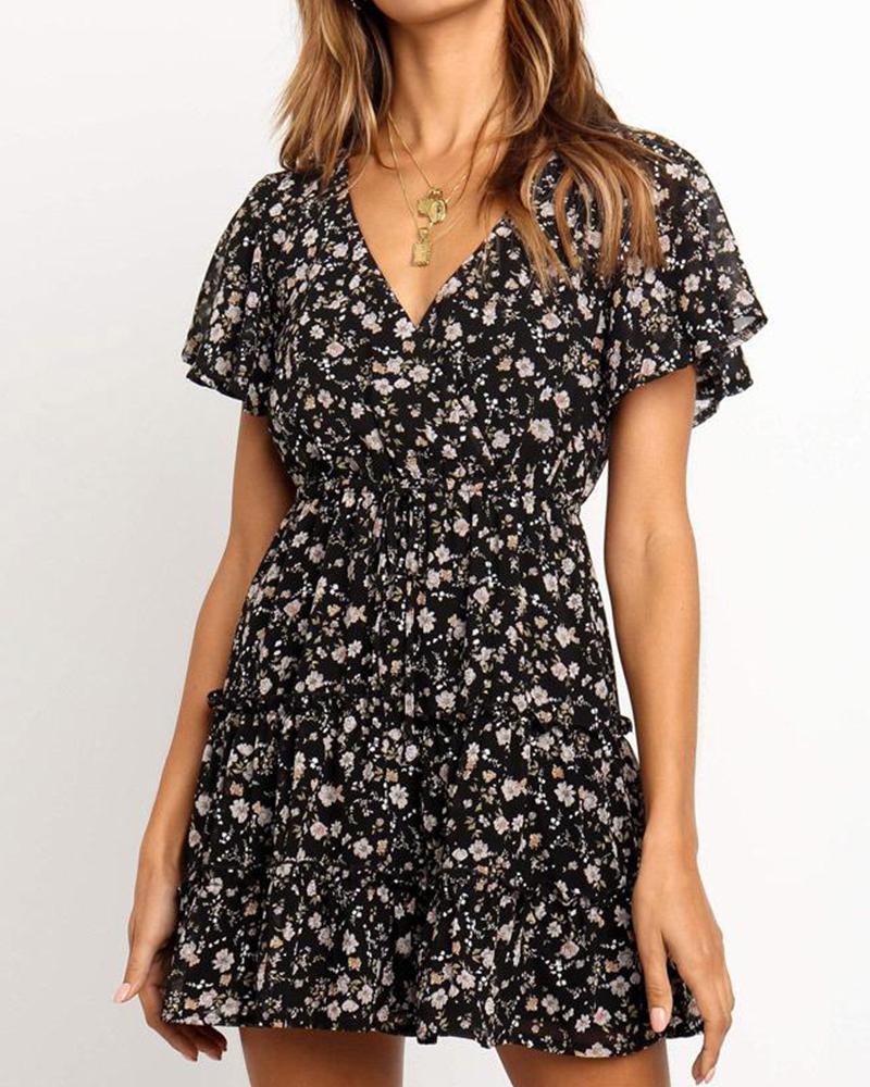

Floral V-Neck Smock Dress, Black
