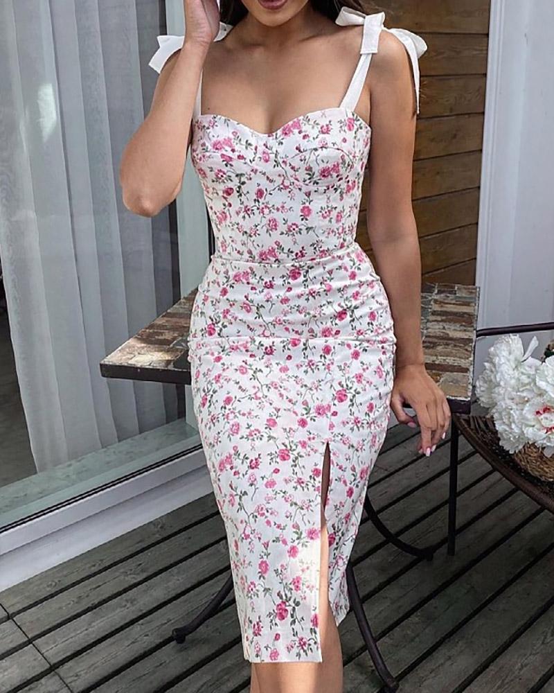 

Tie Strap Ditsy Floral Print Slit Midi Dress, White