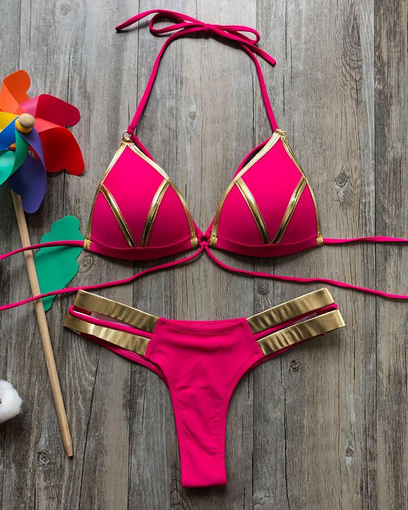 

Colorblock / Cheetah Print Cutout Halter Bikini Set, Hot pink